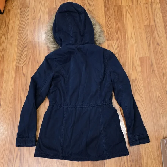 Hollister Y2K Navy Blue Hooded Utility Coat Sherpa Lined Jacket Women's Size M - Picture 11 of 16